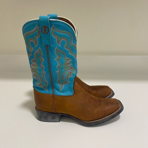 Tony Lama Brown and Blue Ankle Boots with Western Flair - Picture 3 of 10